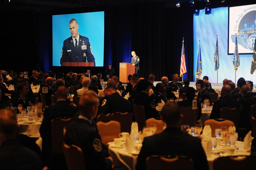 Chief Master Sgt. of the Air Force James Roy gives opening remarks at the 2012 Professional Airmen's Conference welcome breakfast in Jacksonville, Fla., Aug. 12, 2012. The Professional Airmen's Conference is the flagship event for the Air Force Sergeants Association and is held annually at a location within the 48 contiguous United States. (U.S. Air Force photo by Staff Sgt. Ciara Wymbs)