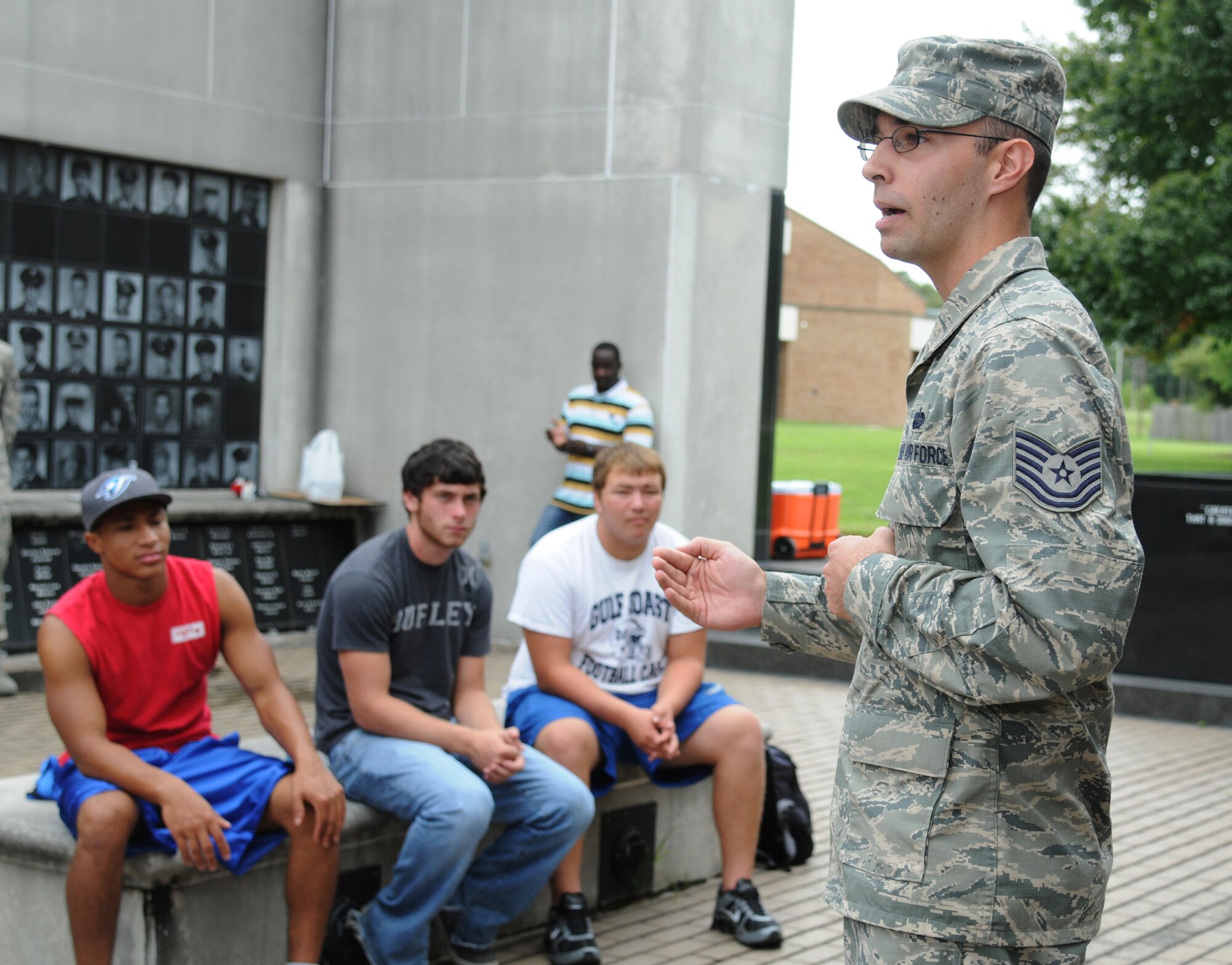Tech. Sgt. Anthony Pillitiere, 338th Training Squadron, explains the importance of core values to the Air Force and to life and the impact that integrity has on an individual to the senior football players of St. Martin High School during a leadership seminar Aug. 11, 2012, at the Mississippi Vietnam Veterans Memorial in Ocean Springs.  The seminar was a collaboration of the St. Martin Gridiron Club and members of team Keesler, who also briefed the seniors on good attitudes, values, beliefs and teamwork.  (Courtesy photo by Kemberly Groue)