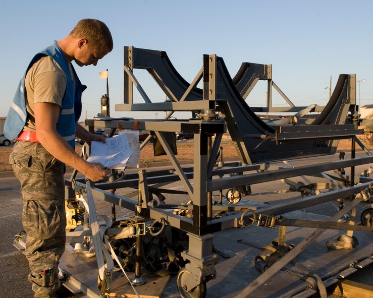 Senior Airman Brandon Bartling, 7th Equipment Maintenance Squadron, performs a preliminary inspection of cargo during an Operational Readiness Exercise Aug. 10, 2012, at Dyess Air Force Base, Texas. Processing cargo quickly and accurately is a vital part of getting the equipment where it needs to be. Airmen from the 7th Bomb Wing ensure cargo is weighed properly, secured and safe before it is loaded onto an aircraft. (U.S. Air Force photo by Staff Sgt. Richard P. Ebensberger/ Released)