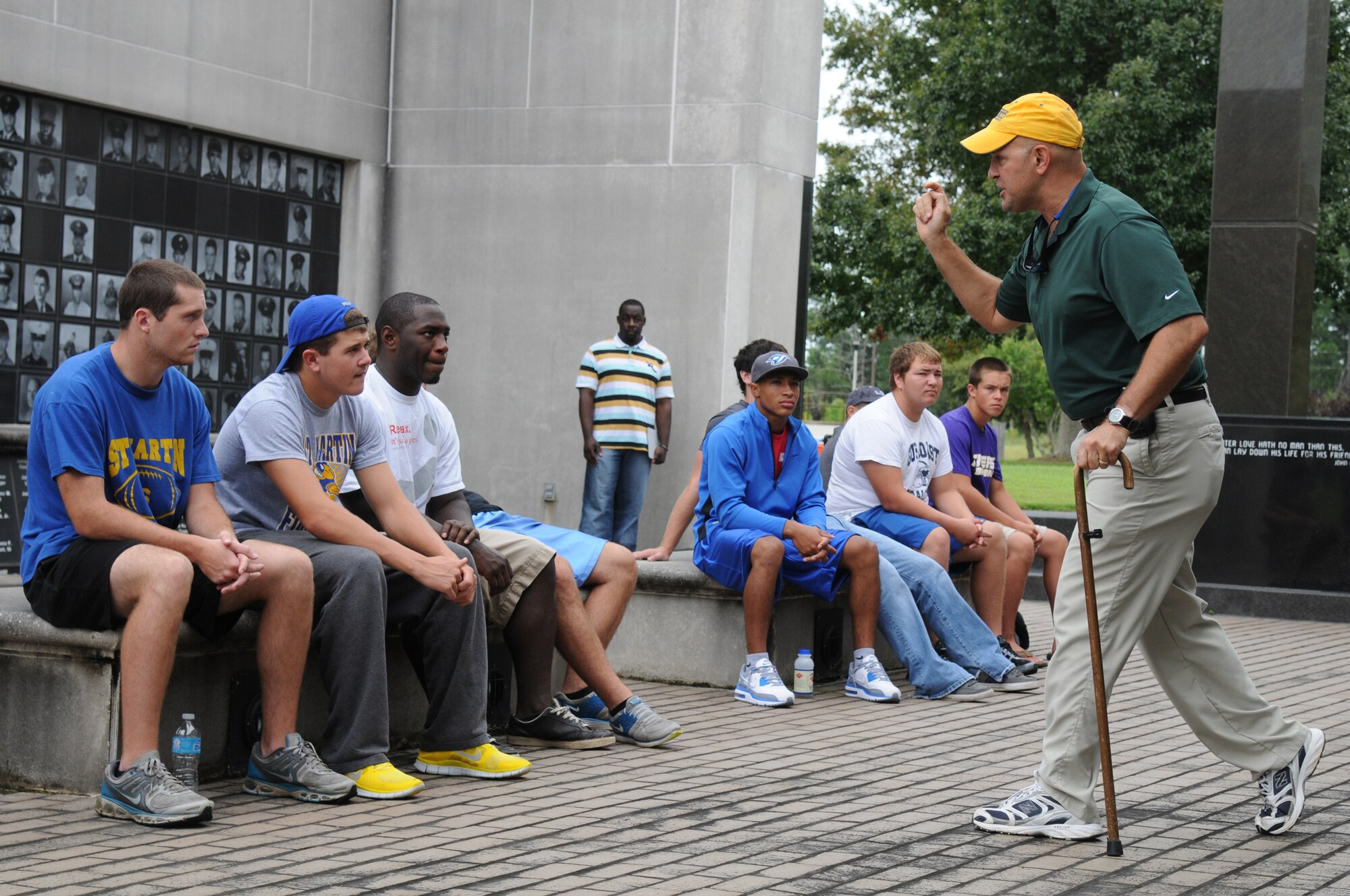 Chief Master Sgt. (retired) Damien Orslene, a veteran who was wounded in Iraq,  enforces the importance of a positive attitude in all situations to the senior football players of St. Martin High School during a leadership seminar Aug. 11, 2012, at the Mississippi Vietnam Veterans Memorial in Ocean Springs.  The seminar was a collaboration of the St. Martin Gridiron Club and members of team Keesler, who also briefed the seniors on good attitudes, values, beliefs and teamwork.  (Courtesy photo by Kemberly Groue)