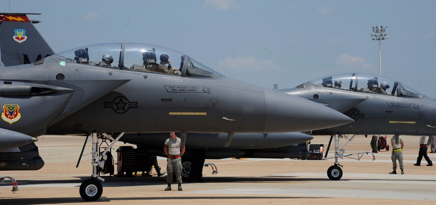 F-15E Strike Eagles assigned to the 389th Fighter Squadron, Mountain Home Air Force Base, Idaho, arrive on the flightline at Barksdale Air Force Base, La., Aug. 9. The F-15s are here to participate in Exercise Green Flag East, a pre-deployment exercise that involves working with the Army at Fort Polk to reinforce skills for calling in close air support. (U.S. Air Force photo/Airman 1st Class Andrew Moua)(RELEASED)