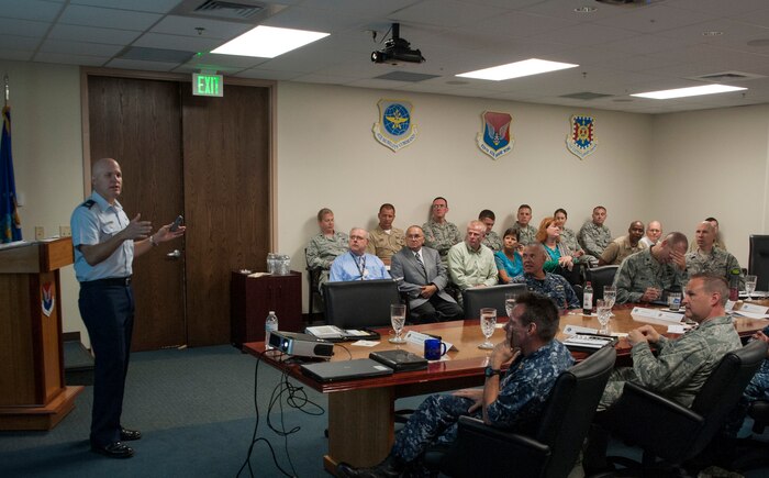 Colonel Charles Perham, Deputy Director, Basing at Office of the Secretary of Defense, Pentagon, Washington, D.C. speaks with Joint Base Charleston leadership Aug. 9, 2012 during his visit to Joint Base Charleston - Air Base, S.C. Perham visited different units of Joint Base Charleston Aug. 8 - 10 on the Air Base and the Naval Weapons Station to discuss matters of Joint Basing. (U.S. Air Force photo/Airman 1st Class Ashlee Galloway)