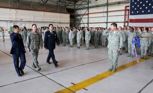 113th Wing Commander Brig. Gen. Jeffrey Johnson, alongside 113th Wing Vice Commander Col. Jeffrey Bozard and incoming 113th Wing Commander Brig. Gen. Marc Sasseville, salutes 113th Maintenance Group Commander Col. Dan Caine, during the inspection of the troops, part of the 113th Wing Change of Command ceremony, Joint Base Andrews, Md., Aug. 11, 2012.  Brig. Gen. Marc H. Sasseville assumed command of the 113th Wing from Brig. Gen. Jeffrey Johnson, marking the end of General Johnson's 29-year career in the D.C. Air National Guard.  (U.S. Air Force photo/Tech Sgt. Craig Clapper)  