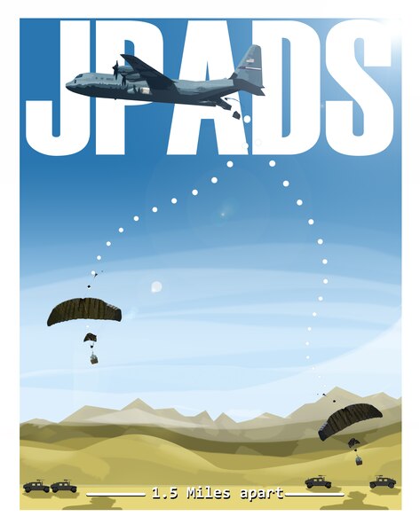 The 317th Airlift Group dropped two JPADS bundles simultaneously into two different drop zones a mile-and-a-half apart during a training exercise August 14 at Fort Hood, Texas. JPADS is an airdrop system that uses Global Positioning Satellite, steerable parachutes and an onboard computer to steer loads to a designated point of impact on a drop zone - similar to joint direct attack munitions. (U.S. Air Force graphic by Airman 1st Class Damon Kasberg/Released)