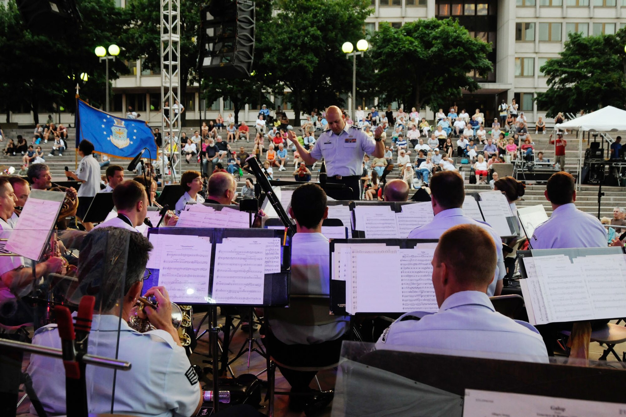 BOSTON - Capt. Dave Alpar, U.S. Air Force Band of Liberty conductor and commander, leads a performance on City Hall Plaza Aug. 8. Throughout the summer, the Band of Liberty concert band performed live music while telling the Air Force story to concert goers across New England. (U.S. Air Force photo by Linda LaBonte Britt)
