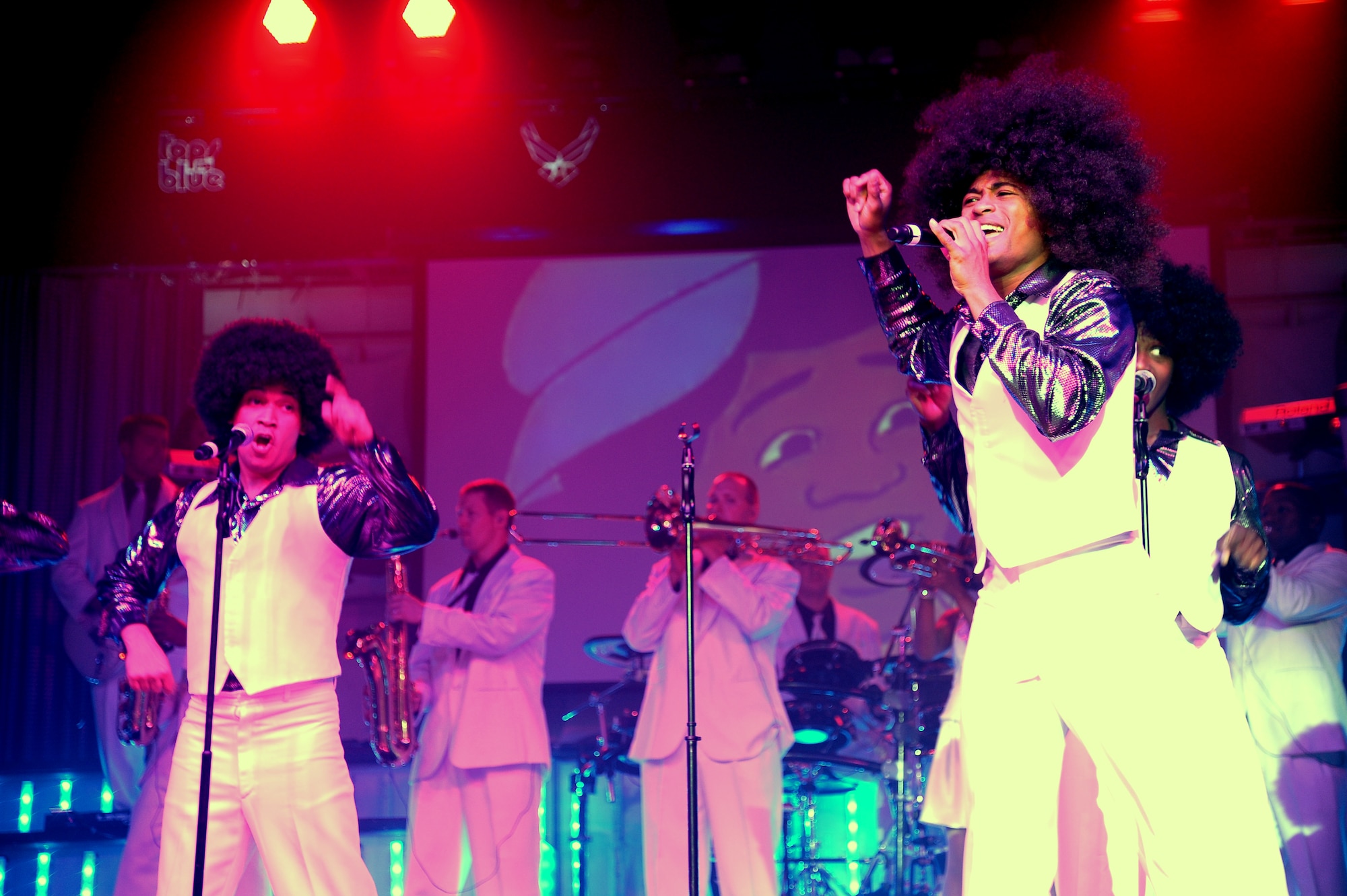 Senior Airman Emmanuel Maldonado Rosario, Tops in Blue 2012 vocalist, pays tribute to the Jackson 5 during the Tops in Blue “Listen!” 2012 World Tour Aug. 11 in Columbus, Miss. Tops in Blue travels to military installations around the world to bring merriment to service and community members.  (U.S. Air Force Photo/Airman 1st Class Charles Dickens)