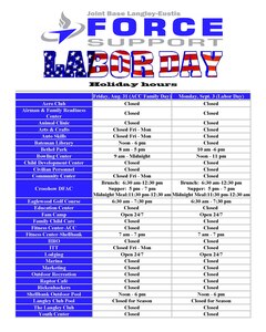 Many of the 633rd Force Support Squadron facilities will be closed or have reduced hours over the Labor Day weekend. For a full list of times, please refer to the attached image or link.. For more information, please call 574-4725. (Courtesy graphic)