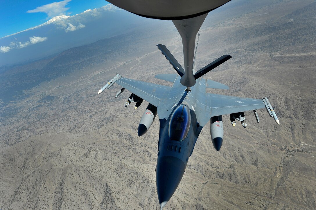 A U.S. Air Force F-16 Fighting Falcon (Viper)  is refueled over Afghanistan during overseas contingency operations, August 3, 2012. The 22d Expeditionary Air Refueling Sq. (EARS) conducts missions out of Transit Center at Manas, Kyrgyzstan, and plays an integral role in keeping air assets refueled in support of U.S. and coalition ground forces. (U.S. Air Force photo/Staff Sgt. Clay Lancaster/ Released)
