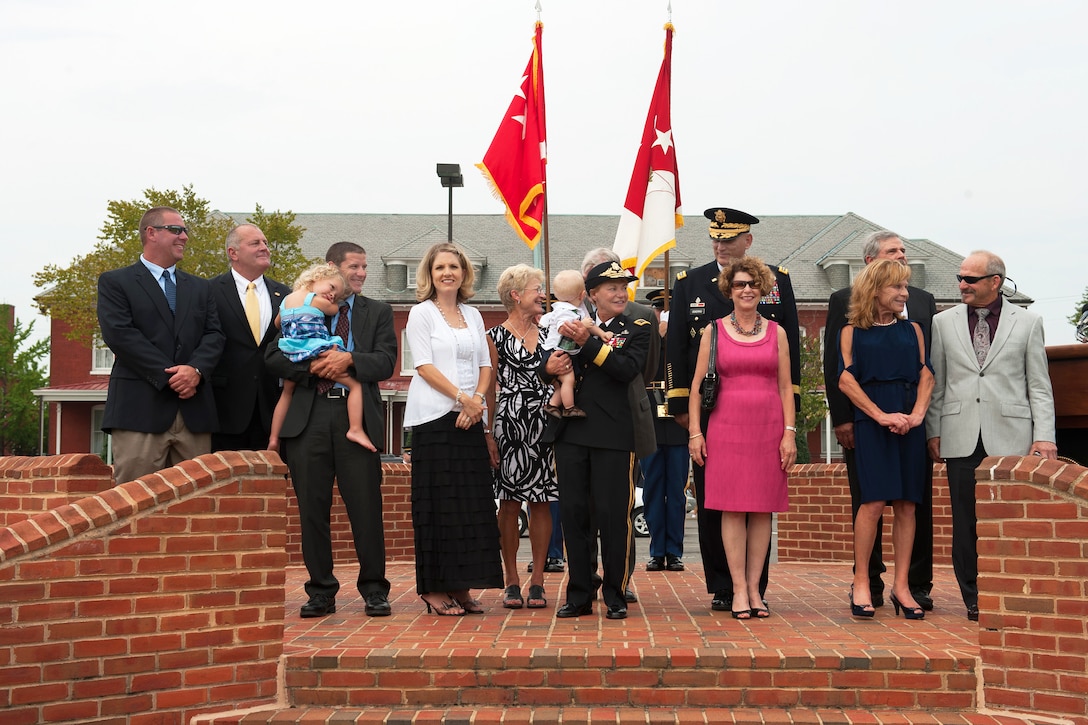 Army Gen. Ann E. Dunwoody, her husband, retired Air Force Col. Craig Brotchie, other family members, Army Chief of Staff Gen. Ray Odierno, and his wife, Linda, stand together after Dunwoody’s retirement ceremony on Joint Base Myer-Henderson Hall in Arlington, Va., Aug. 15, 2012.
