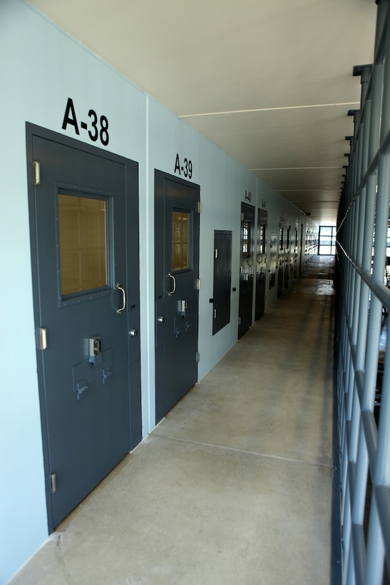 A tour of the Marine Corps Installations East Regional Brig aboard Marine Corps Base Camp Lejeune highlighted the holding cells’ layout Aug. 14. The holding cells in the new brig are close together and easier to manage in comparison to the old facility, which was spread out among four floors.