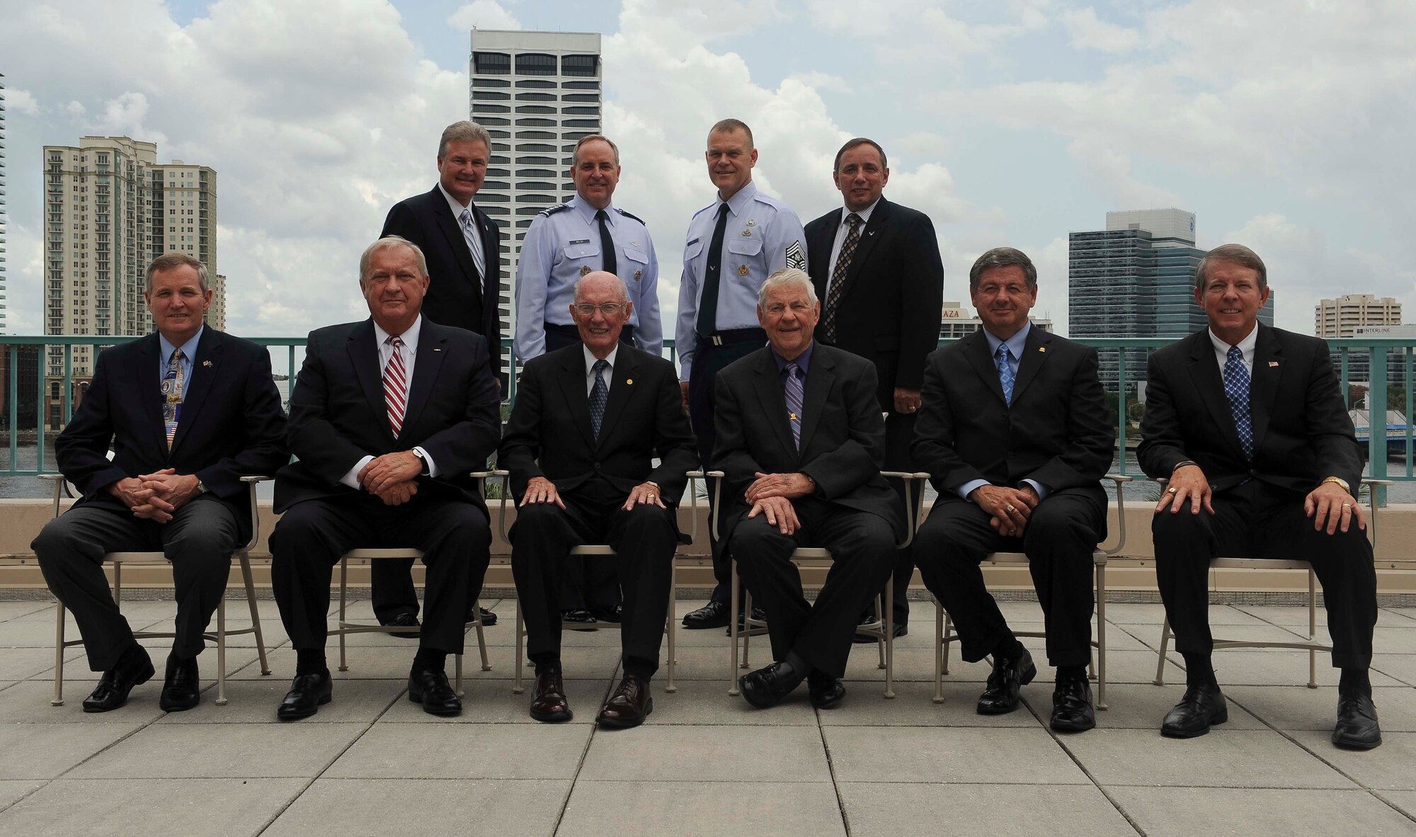 Air Force Chief of Staff Gen. Mark A. Welsh III and Chief Master Sgt. of the Air Force James Roy pose for a group photo with former chief master sergeants of the Air Force during the Air Force Sergeants Association Convention and Professional Airmen's Conference in Jacksonville, Fla., Aug. 15, 2012. The chiefs attended an annual leadership forum as well as other briefings and forums held throughout the conference. (U.S. Air Force photo/Staff Sgt. Ciara Wymbs) 