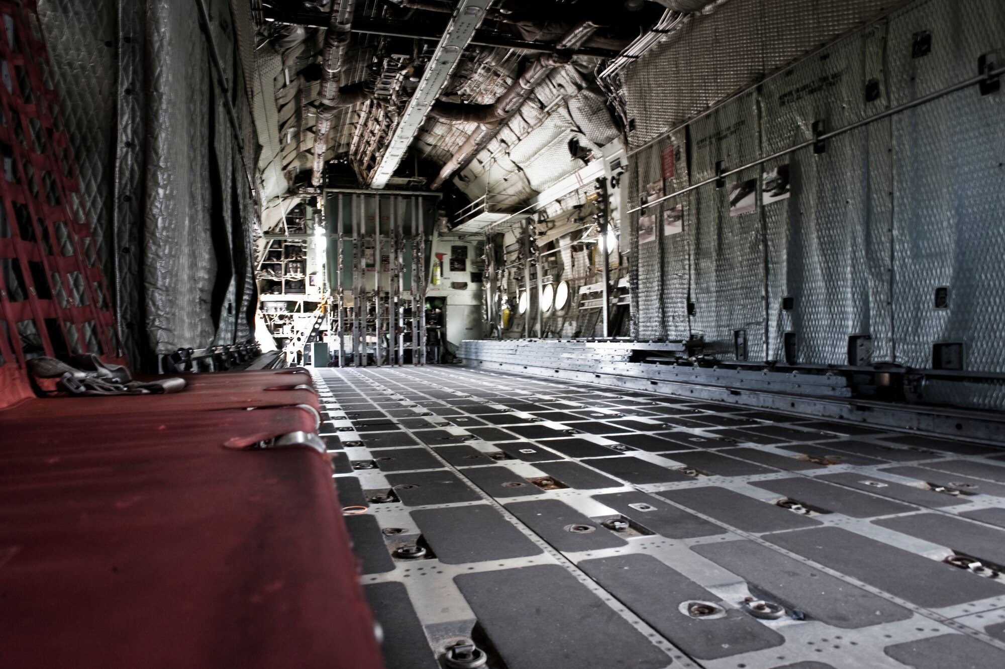 A look inside the first operational C-130 in the Air Force Aug. 15, 2012, located in the Linear Air Park, at Dyess Air Force Base, Texas. The C-130, registration number 55-0023, was commissioned on Dec. 19, 1956, and completed 15,569.1 flying hours, or the equivalent of flying in the air for 648 and a half days during its 33 years of service before retiring at Dyess Air Force Base on Oct. 19, 1989. (U.S. Air Force photo by Airman 1st Class Jonathan Stefanko/ Released)