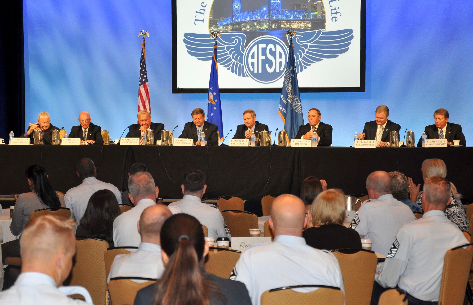 Former chief master sergeants of the Air Force answer questions during a forum at the Air Force Sergeants Association Convention and Professional Airmen's Conference in Jacksonville, Fla., Aug. 15, 2012. The former chiefs answered questions about their time as CMSAF and reflected on some of their memories as the Air Force’s top enlisted member. (U.S. Air Force photo/Staff Sgt. Ciara Wymbs)