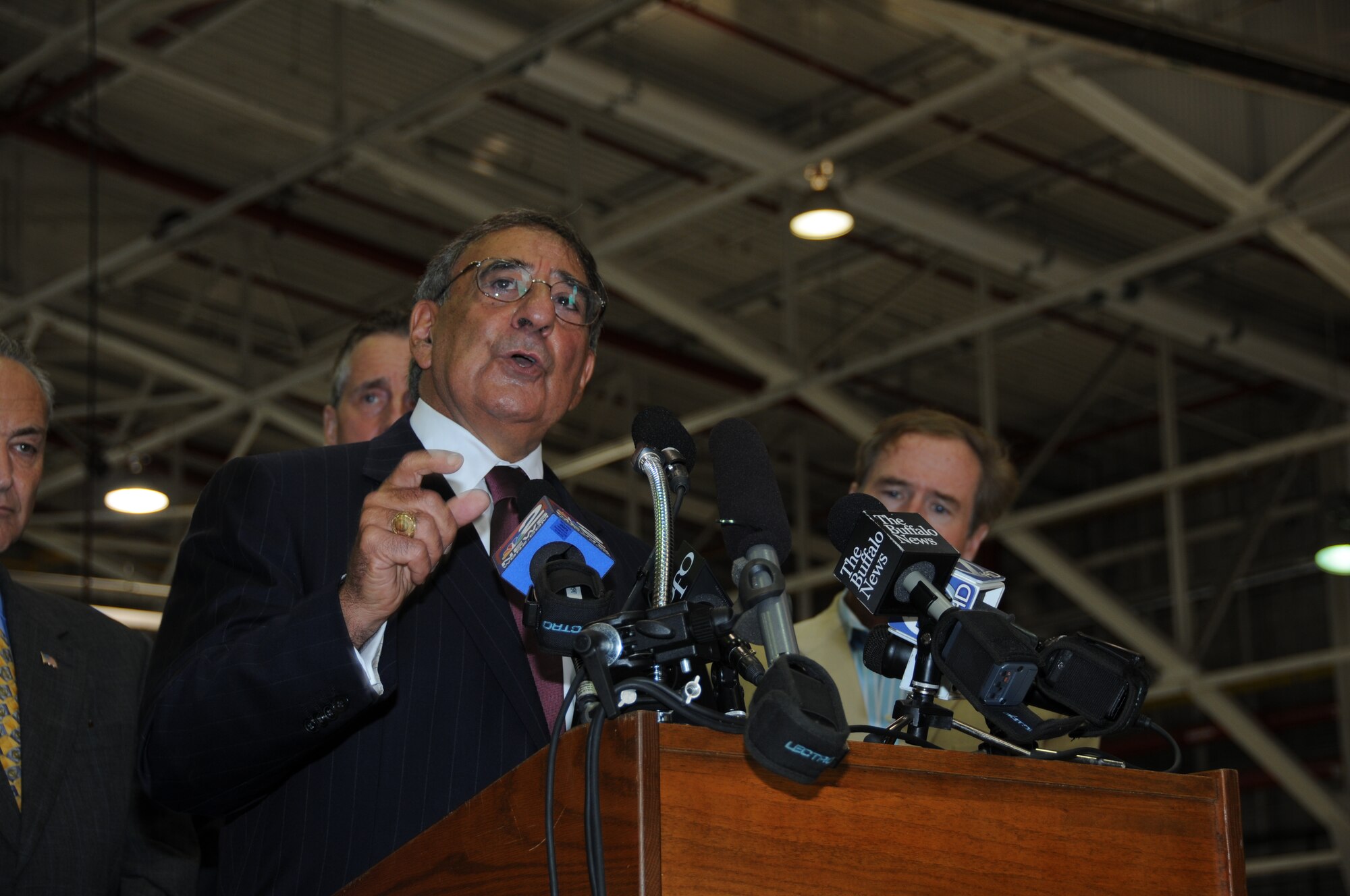 Secretary of Defense Leon E. Panetta talks to the men and women of the Niagara Falls Air Reserve Station August 9, 2012.  Secretary Panetta thanked those in attendance, military and civilian, for their service.  (U.S. Air Force photo by Jessica Mae Snow)
