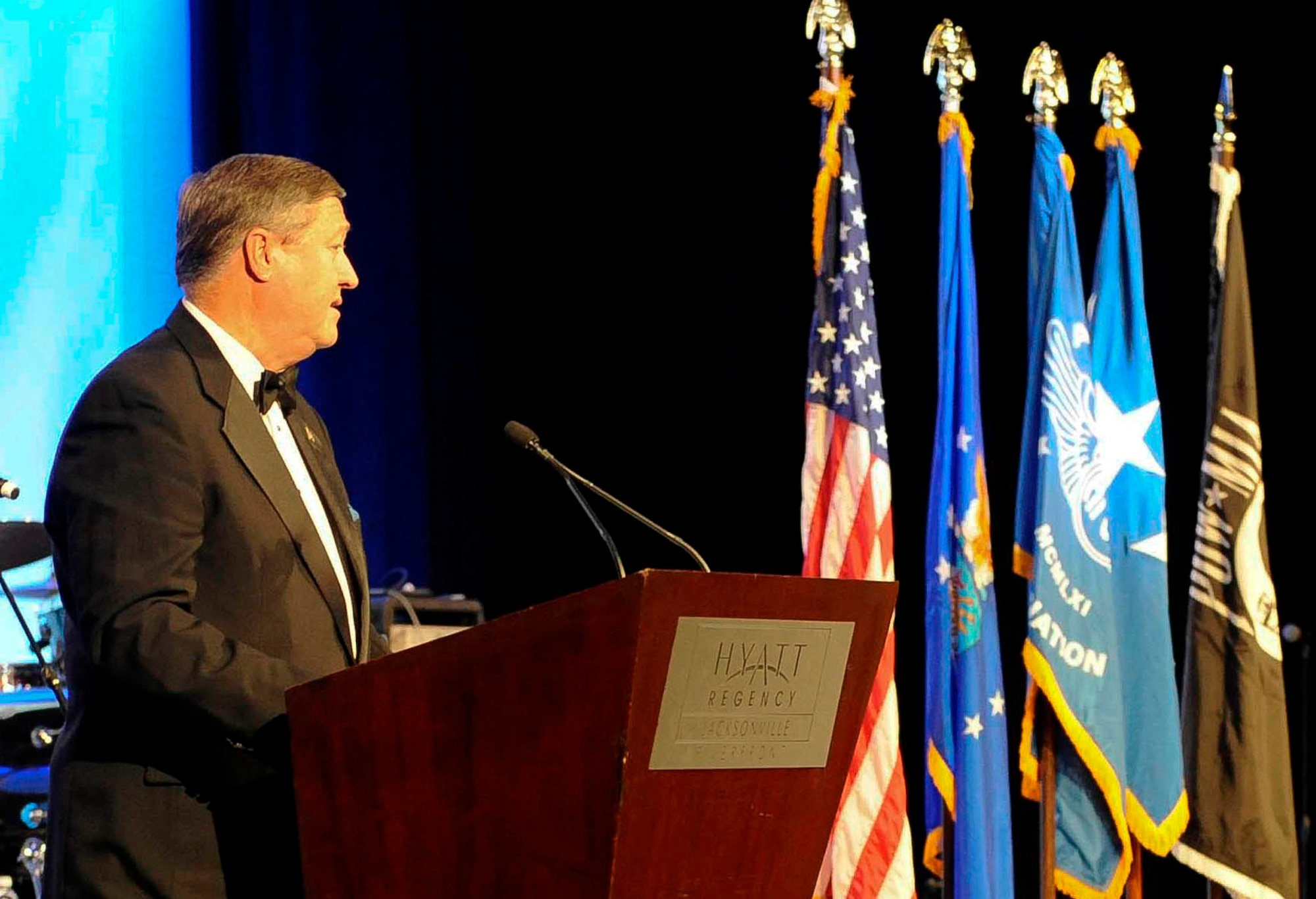 Secretary of the Air Force Michael Donley speaks during the 2012 Air Force Sergeants Association Professional Airmen's Conference honors banquet Aug. 15, 2012, in Jacksonville, Fla.  During his speech, Donley emphasized the need to develop quality Airmen who adhere to standards and uphold the Air Force core values of integrity, service and excellence.  (U.S. Air Force photo/Staff Sgt. Ciara Wymbs)
