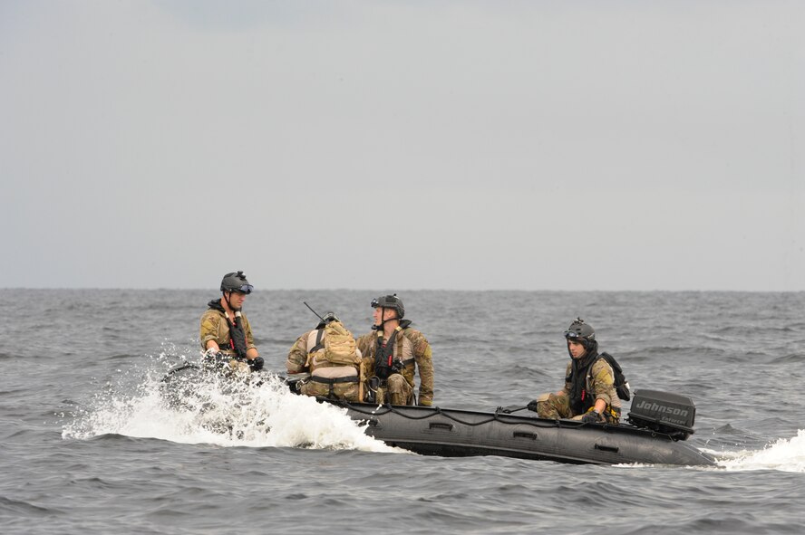 A team of pararescuemen from the 38th Rescue Squadron, Moody Air Force Base, Ga., heads out to a downed personnel's location on a Zodiac F470 watercraft during water rescue training in the Gulf of Mexico, Aug. 14, 2012. The Zodiac F470 is an inflatable watercraft, which consists of multiple air chambers allowing it to stay afloat if it gets punctured.  (U.S. Air Force photo by Staff Sgt. Joshua J. Garcia/Released)
