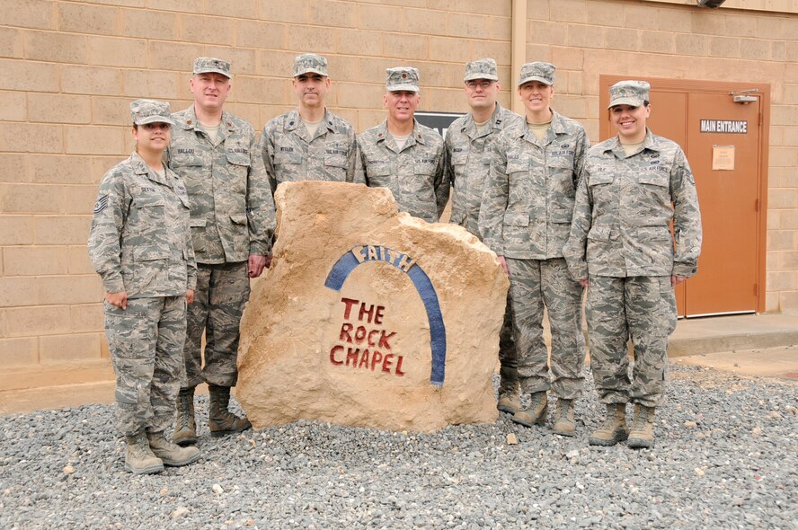 ALI AL SALEM AIR BASE, Kuwait -- Lieutenant Colonel John Weller, third from the left, led a team of chaplains and support personnel during a recent deployment.  Weller left behind his congregation in Florida to serve as a citizen warrior with the 927th Air Refueling Wing.  (Official U.S. Air Force photo/Staff Sgt. Cari Brooks)