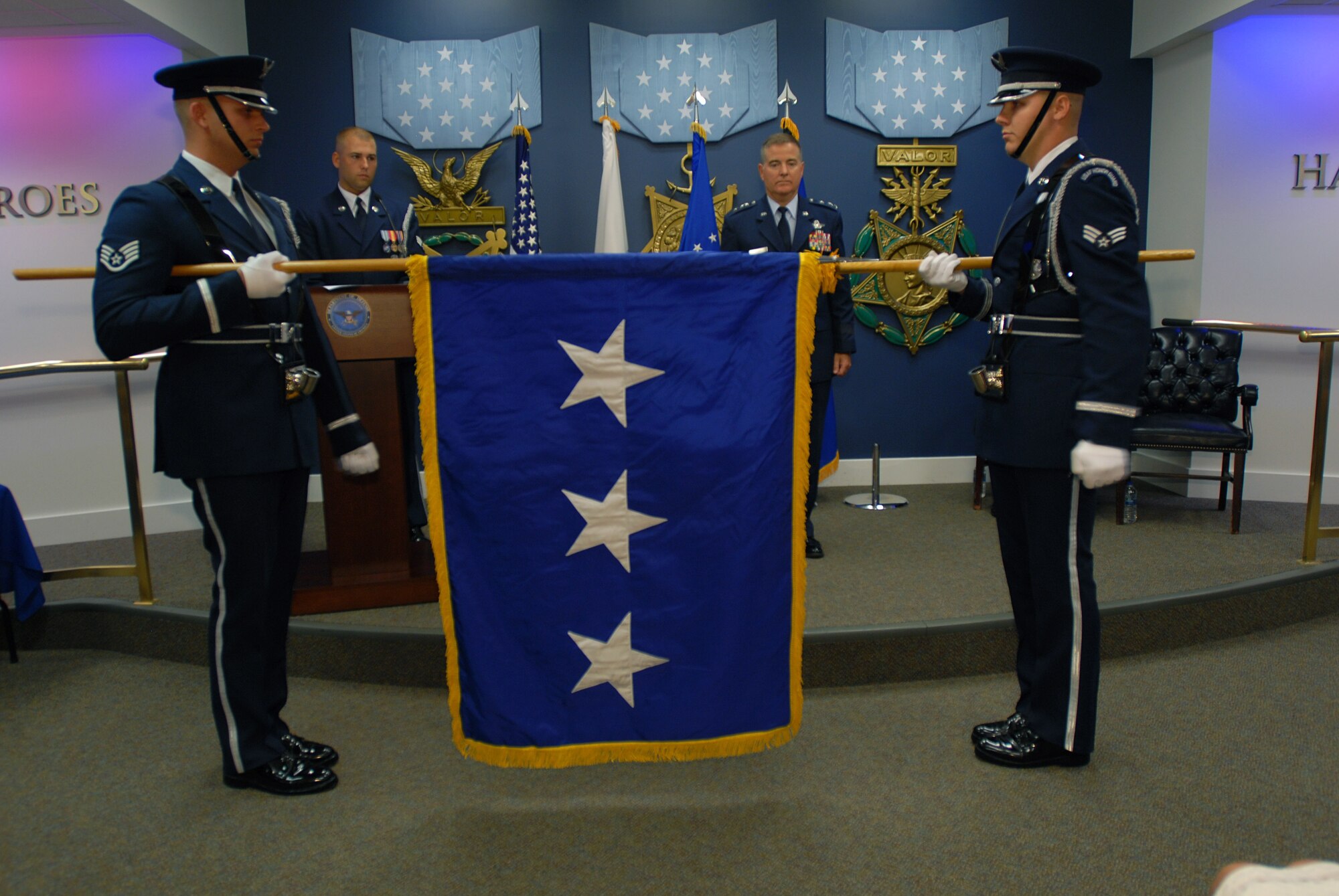 This flag with three stars is unfurled for Air Force Lt. Gen. Michael Dubie,
the former adjutant general of the Vermont National Guard and the incoming
deputy commander of U.S. Northern Command, at his promotion ceremony at the
Pentagon in Arlington, Va. Aug. 14, 2012. (Army National Guard photo by Sgt.
Darron Salzer)