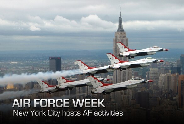 NEW YORK -- Six F-16 Fighting Falcons with the U.S. Air Force Thunderbirds aerial demonstration team fly in delta formation in front of the Empire State Building during an air show May 26.  (U.S. Air Force photo by Tech. Sgt. Sean Mateo White)                      