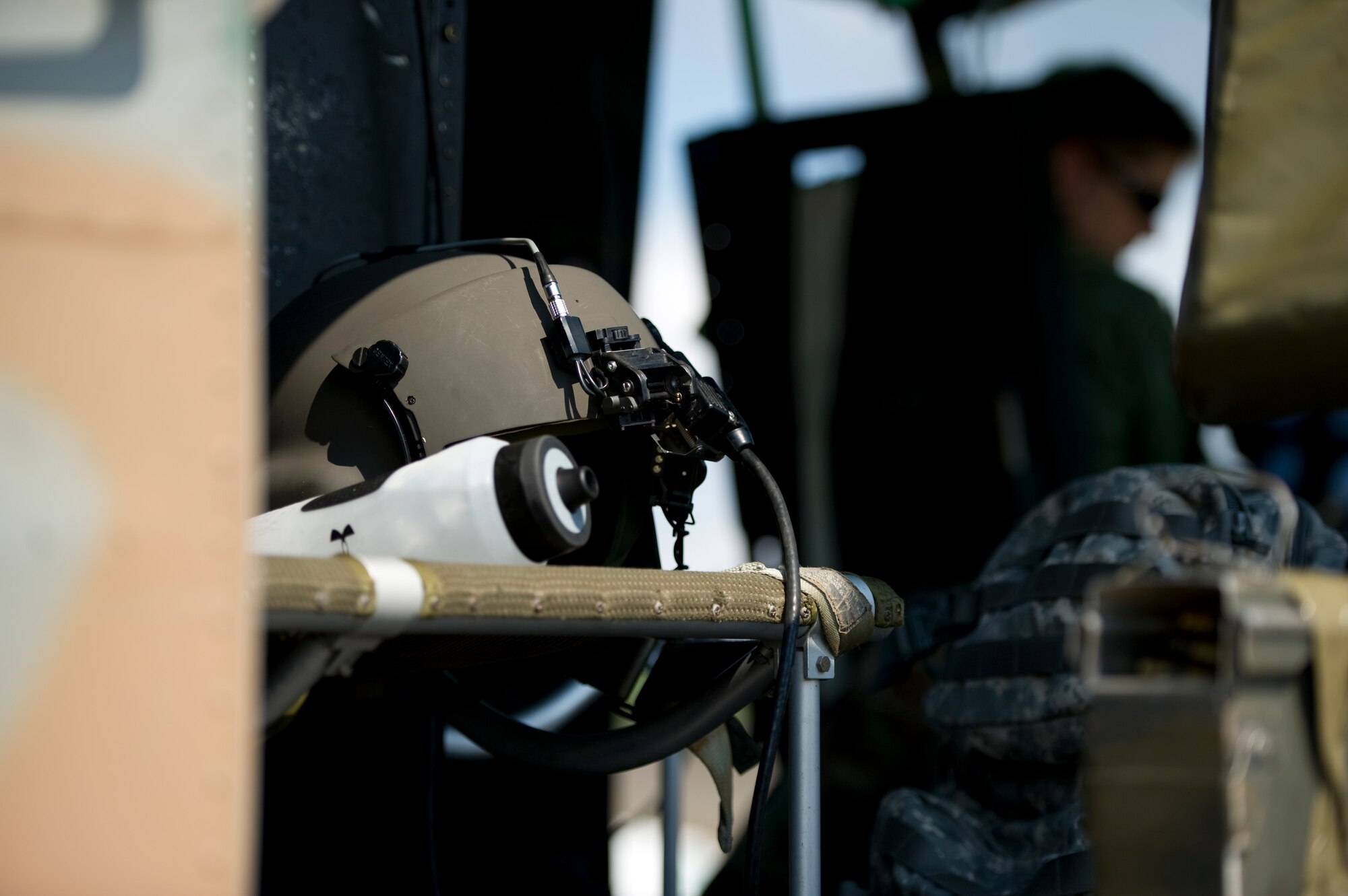 A helmet and water bottle from the 6th Special Operations Squadron sit inside of a UH-1N Huey on the flight line on Hurlburt Field, Fla., Aug. 13, 2012. The squadron received its first two aircraft on Oct. 11, 1996.  (U.S. Air Force Photo/Airman 1st Class Naomi M. Griego)