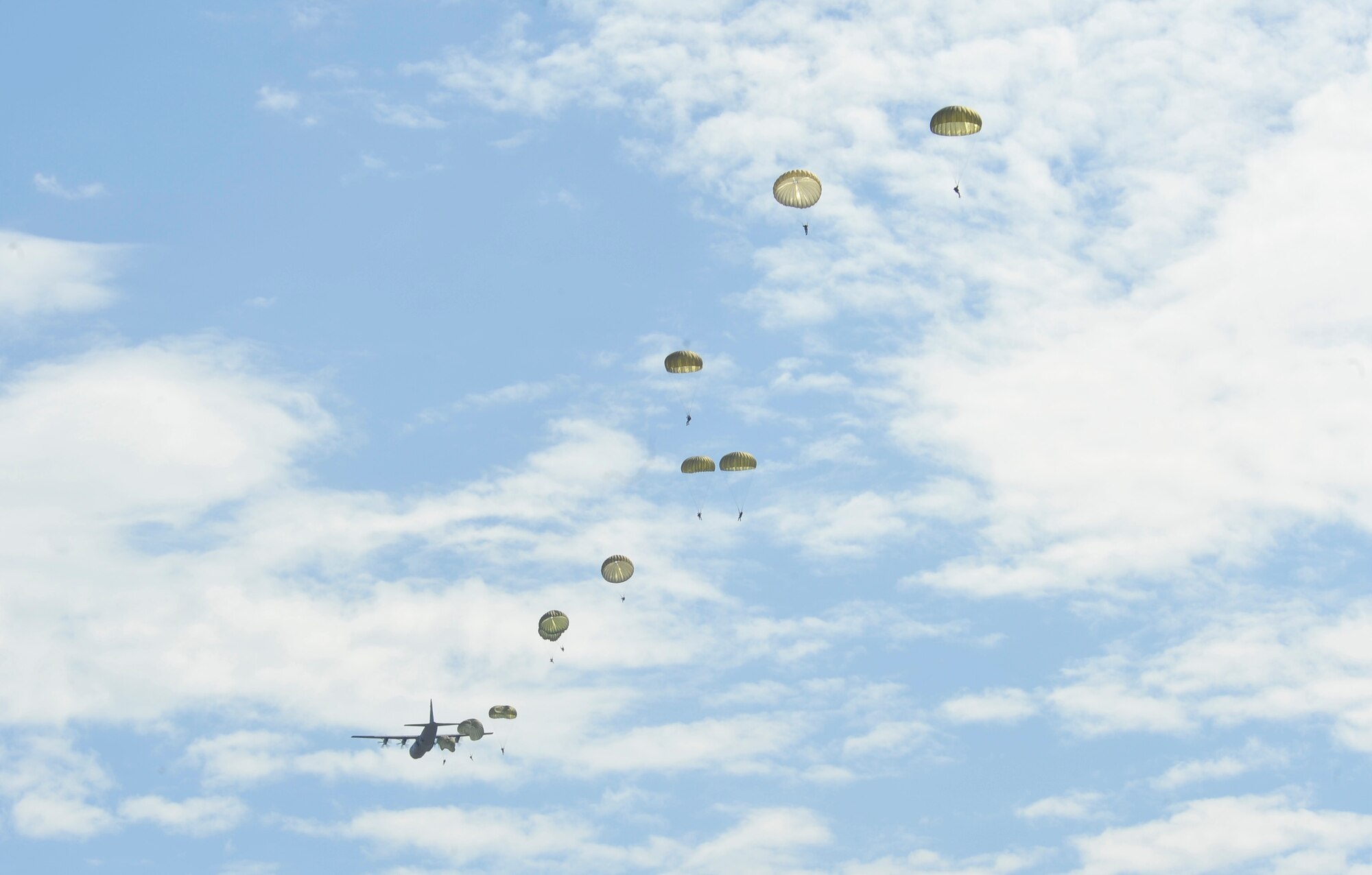 Paratroopers from six NATO countries float to the ground after jumping from a C-130J Super Hercules Aug. 15, near Alzey, Germany. These paratroopers came together to trade jump tactics and techniques and got the opportunity to earn the other nation’s jump wings. (U.S. Air Force photo/Airman 1st Class Trevor Rhynes)