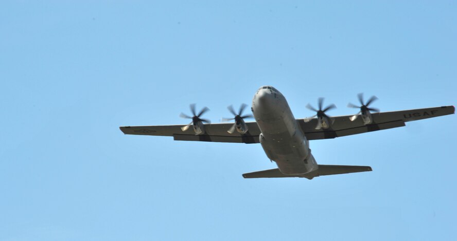A C-130J Super Hercules assigned to the 37th Airlift Squadron passes over the drop zone Aug. 15 near Alzey, Germany in preparation for the day’s jump as part of International Jump Week. Members of six NATO countries came together to trade jump tactics and techniques and got the opportunity to earn the other nation’s jump wings. (U.S. Air Force photo/Airman 1st Class Trevor Rhynes)