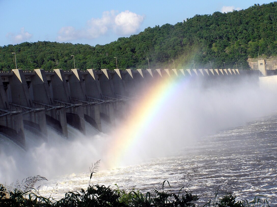 Rainbow appearing in the mist during water releases at Fort Gibson Dam.