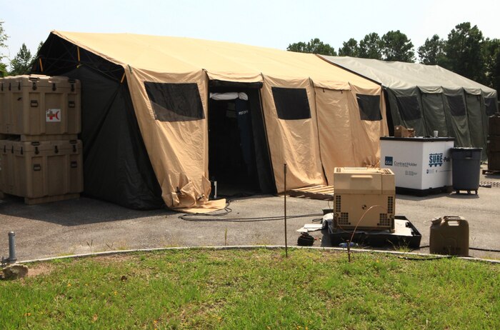 A Forward Resuscitative Surgical System sits aboard Camp Lejeune, N.C., during tests of the power requirements for its medical equipment Aug. 15, 2012. The FRSS is a mobile medical treatment facility capable of quickly stabilizing casualties close to the fight. Improvements to its existing equipment have increased its demand for energy, and the team was working to determine the exact energy requirements needed to sustain the facility in the field.  