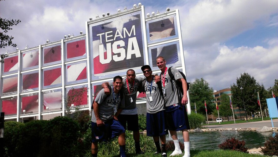 KIRTLAND AFB, N.M. -- Representing Albuquerque, from left, Tech. Sgt. David Perez, Staff Sgt. Jesse Mitchell, Desean Smith and Senior Airman Eran VanDevander recently played in the USA Basketball 3x3 National Team Tournament at the Olympic Center in Colorado Springs, Colo., reaching the quarter finals. (Courtesy Photo)