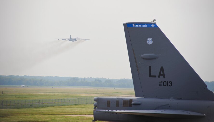 A B-52H Stratofortress takes off from Barksdale Air Force Base, La., to participate in Exercise Combat Hammer Aug. 15. Combat Hammer is used to evaluate the employment of precision guided munitions to ensure the weapons are fully functional and mission capable. This exercise allows aircrews to gain more experience deploying precision guided munitions. (U.S. Air Force photo/Airman 1st Class Micaiah Anthony)(RELEASED)