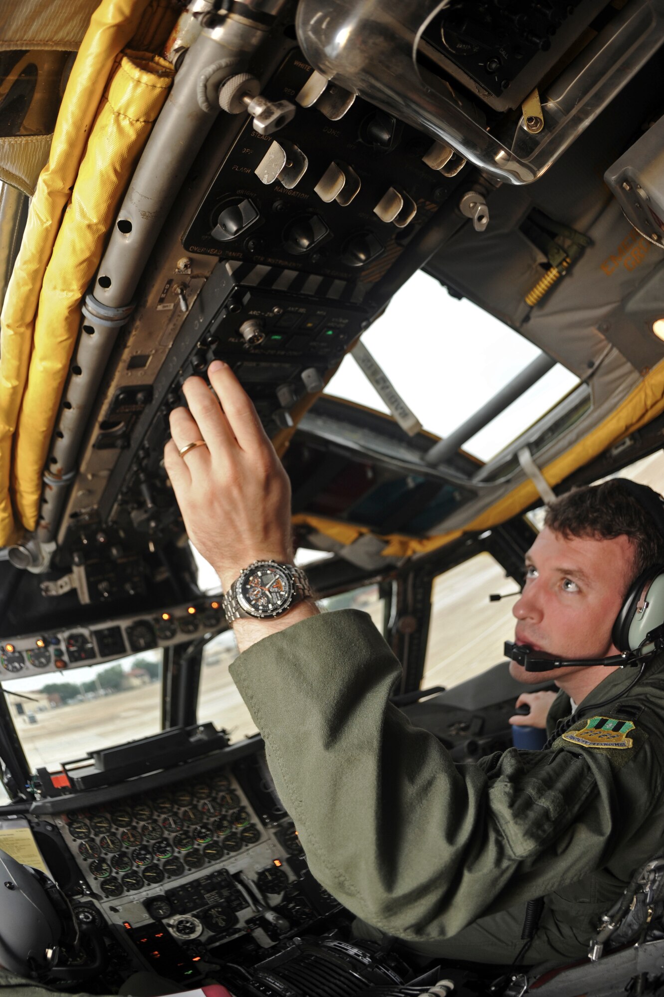 Capt. Shane Praiswater, 20th Bomb Squadron pilot, checks the instruments of a B-52H Stratofortress bomber on Barksdale Air Force Base, La., Aug. 15. Aircrews from Barksdale participated in Exercise Combat Hammer, which evaluated the employment of precision guided munitions to ensure the weapons are fully functional and mission capable. (U.S. Air Force photo/Airman 1st Class Micaiah Anthony)(RELEASED)