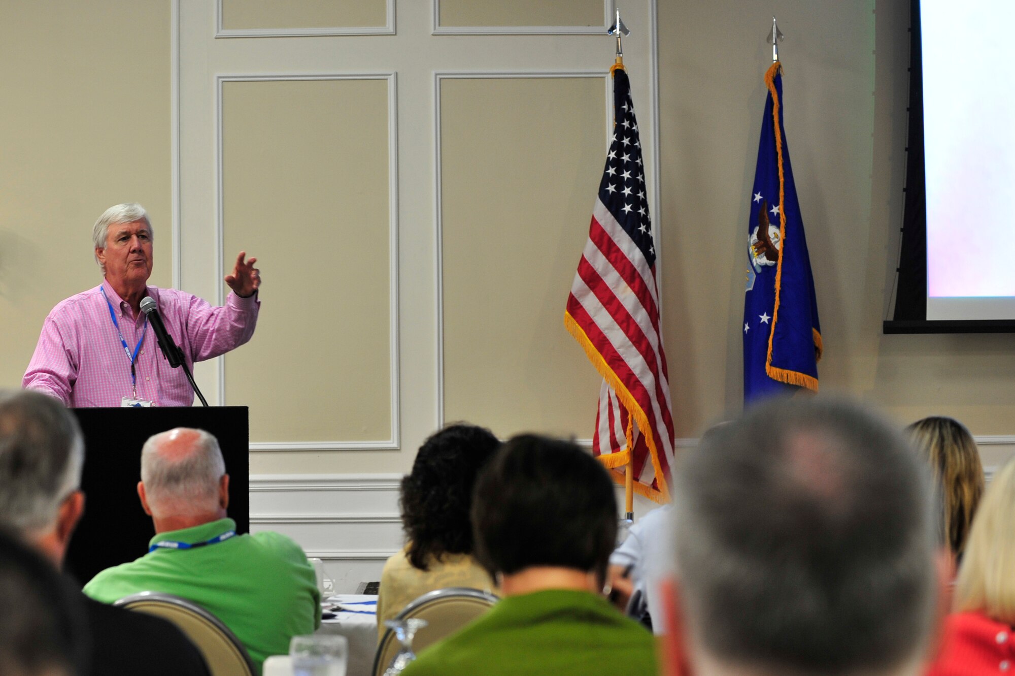 Steve Creech, military affairs committee chairman for Shaw Air Force Base, speaks at the Carolina Skies Club, Shaw AFB, S.C., 15, 2012.  Civic delegates discussed local programs geared toward military families in their communities.(U.S. Air Force photo by Airman Nicole Sikorski/ Released)