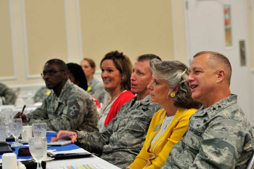 Top 9th Air Force leaders listen as civic delegates discuss local programs geared toward military families in their communities at the Carolina Skies Club, Shaw Air Force Base, S.C., Aug. 15, 2012.  Each group of civic leaders addressed issues about education and other concerns in their respective states.(U.S. Air Force photo by Airman Nicole Sikorski/ Released)