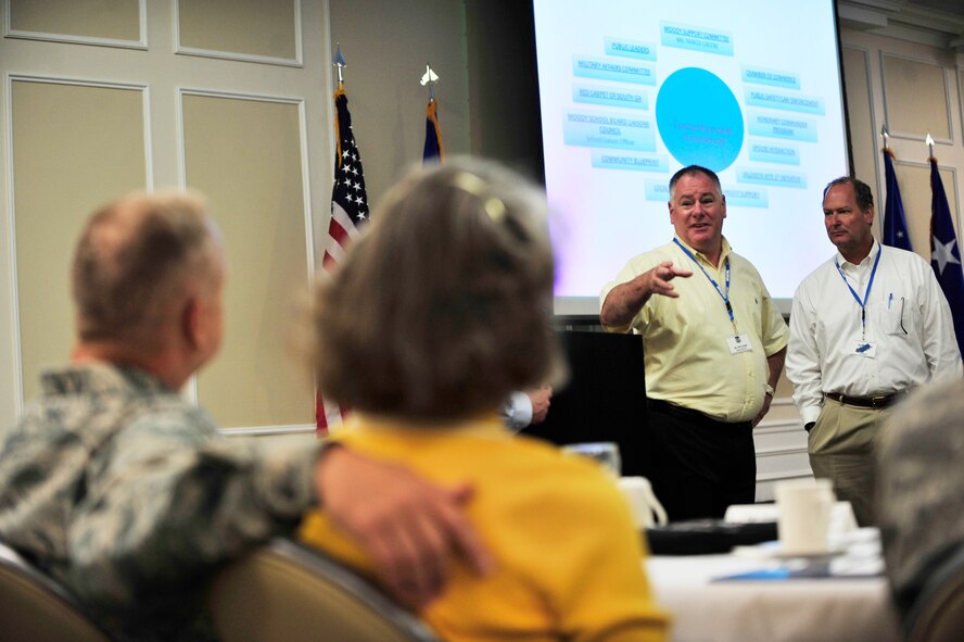 Steve Quinn and Dick Campbell, both military affairs committee members representing Moody Air Force Base, speak at the Carolina Skies Club, Shaw AFB S.C., Aug. 15, 2012.  They talked about how they resolve issues military members in their community face with education, housing, employment, healthcare, deployments and other common issues.(U.S. Air Force photo by Airman Nicole Sikorski/ Released)