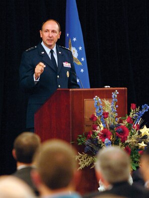 Lt. Gen. Bruce Litchfield, commander of the Air Force Sustainment Center located at Tinker Air Force Base, speaks to a crowd of business representatives. (Air Force photo by Margo Wright)