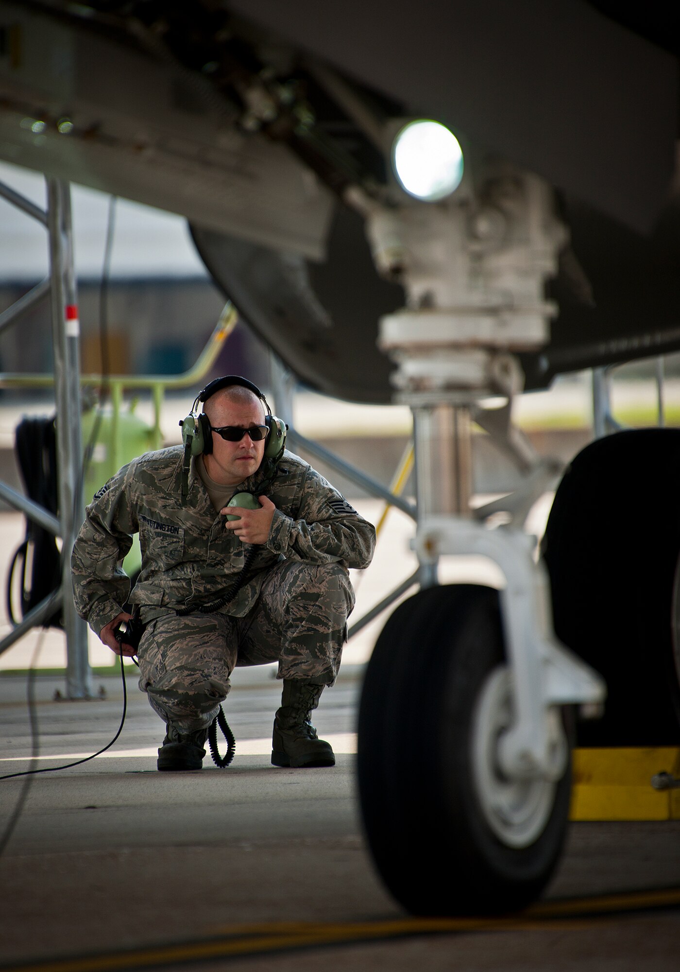 Staff Sgt. Shaun Whittington, of the 57th Aircraft Maintenance Squadron, watches the F-35A Lightning II joint strike fighter as the pilot performs shutdown procedures after a sortie at Eglin Air Force Base, Fla., Aug. 16.  The sortie marked the 100th F-35A mission flown at Eglin, but also was Whittington’s first time launching the new aircraft.  Whittington is one of three maintainers from Nellis Air Force Base, Nev., being trained on the F-35.  Once their training is complete, they’ll provide maintenance support to the 422nd Test and Evaluation Squadron’s F-35 fleet.  The 422nd is a geographically separated unit of the 53rd Wing, headquartered at Eglin. (U.S. Air Force photo/Samuel King Jr.)