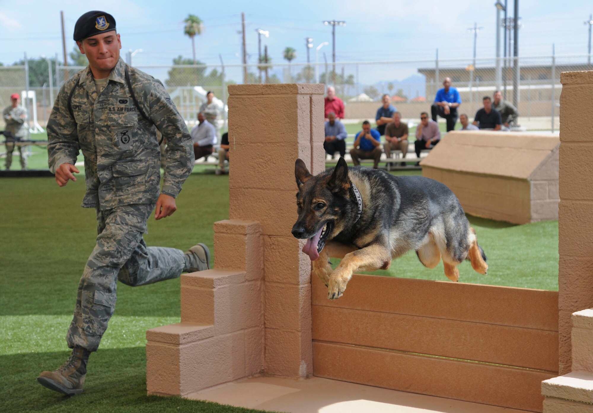 Senior Airman Justin Lopez, 56th Security Forces Squadron military working dog handler, does a demonstration through the obstacle course with his dog Oscar, 56th SFS military working dog, at Luke Air Force Base July 30. Lopez and Oscar have their first deployment together scheduled for the beginning of 2013.   (U.S. Air Force photo by Staff Sgt. Darlene Seltmann)