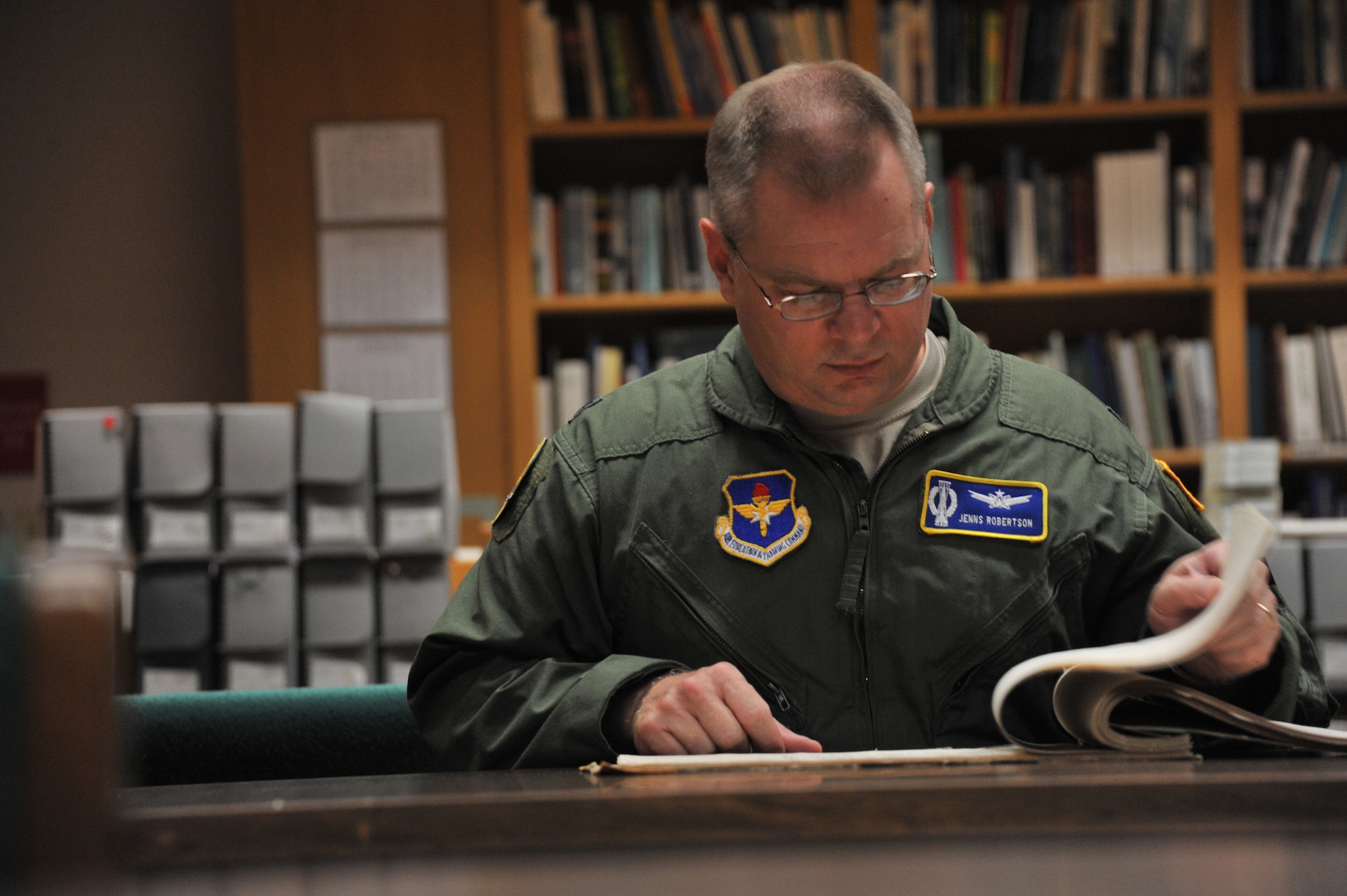 Lt. Col. Jenns Robertson, Air and Space Power Strategist at the Air Force Research Institute, researches about Theater History of Operations at Maxwell Air Force Base, Aug. 17. THOR is database of bombs dropped from American military aircraft from World War One through current times. (U.S. Air Force photo by Airman 1st Class William Blankenship) 