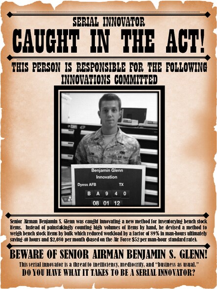 Senior Airman Benjamin Glenn, 317th Maintenance Squadron, the second “serial innovator,” implemented a different method for inventorying bench stock items. Instead of individually counting high volumes of items by hand, which is how it’s always been done, he suggested to weighing bench stock items by bulk, which reduced workload by a factor of 89 percent in man-hours, ultimately saving 40 hours and $2,080 per month. (Courtesy graphic)