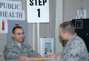 366th Aerospace Medicine Squadron public health technicians Staff Sgt. Juan Jimenez and Airman 1st Class Justin Marshall, perform a walkthrough of their mass reintegration station, Aug. 15, 2012, at Mountain Home Air Force Base, Idaho. The reintegration process has proven to significantly decrease processing time and increase valuable personal time after a deployment. (U.S. Air Force photo/Airman 1st Class Shane M. Phipps)