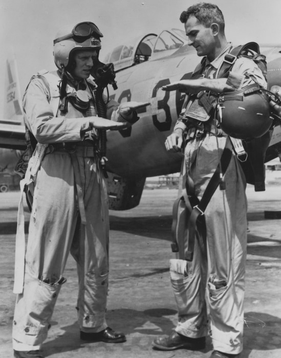 While escorting B-29s near "MiG Alley" over North Korea on 26 June 1951, 1st Lt. Arthur E. Olinger and Capt. Harry Underwood of the 182nd FBS, Texas,  shared credit for the Air Guard’s first jet kill, a MiG-15.
