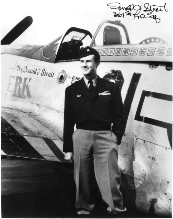Major Donald J.Strait with P-51D “Jersey Jerk” in Europe, 1945. Enlisting in the New Jersey National Guard before World War II, Strait went to flight school, becoming one of two fighter aces with National Guard backgrounds with 13.5 victories. Postwar, Strait commanded the New Jersey Air National Guard, retiring in 1978 as a major general.