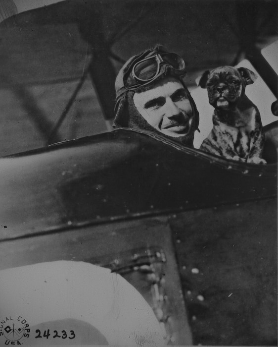 1st Lt Field E. Kindley, Kansas National Guard, WWI ace (12 victories), with “Fokker.”