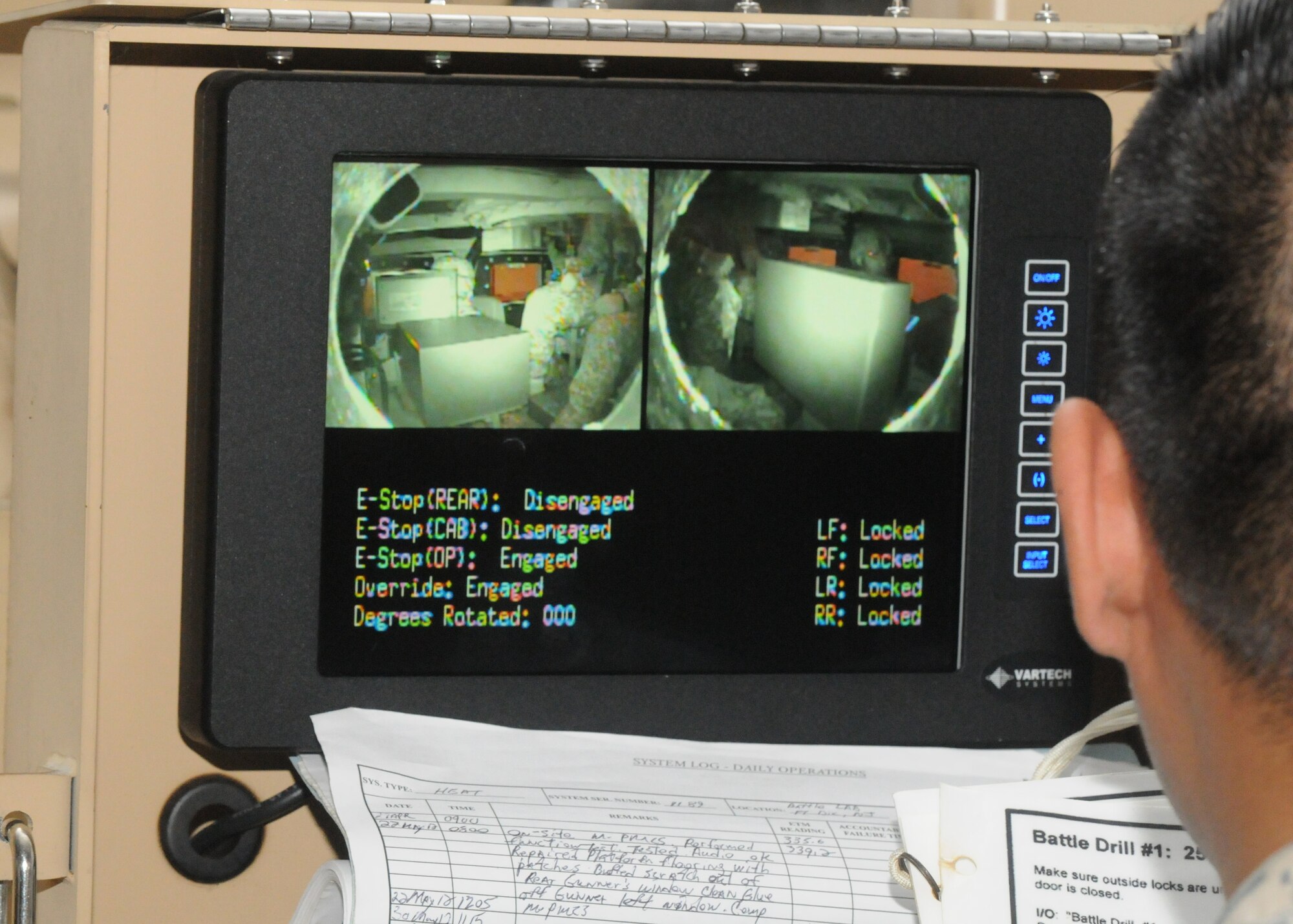 Spc. Rainer P. Cabance, a trainer with the National Guard Training and Training Development Center, monitors Soldiers inside a Humvee Egress Assistance Trainer Aug. 11 during the brigade’s Operation Sustainment Warrior exercise. More than 300 Soldiers from the brigade honed their warrior tasks and drills during the two-week training. (U.S. Army photo by Staff Sgt. Neil W. McCabe/Released)