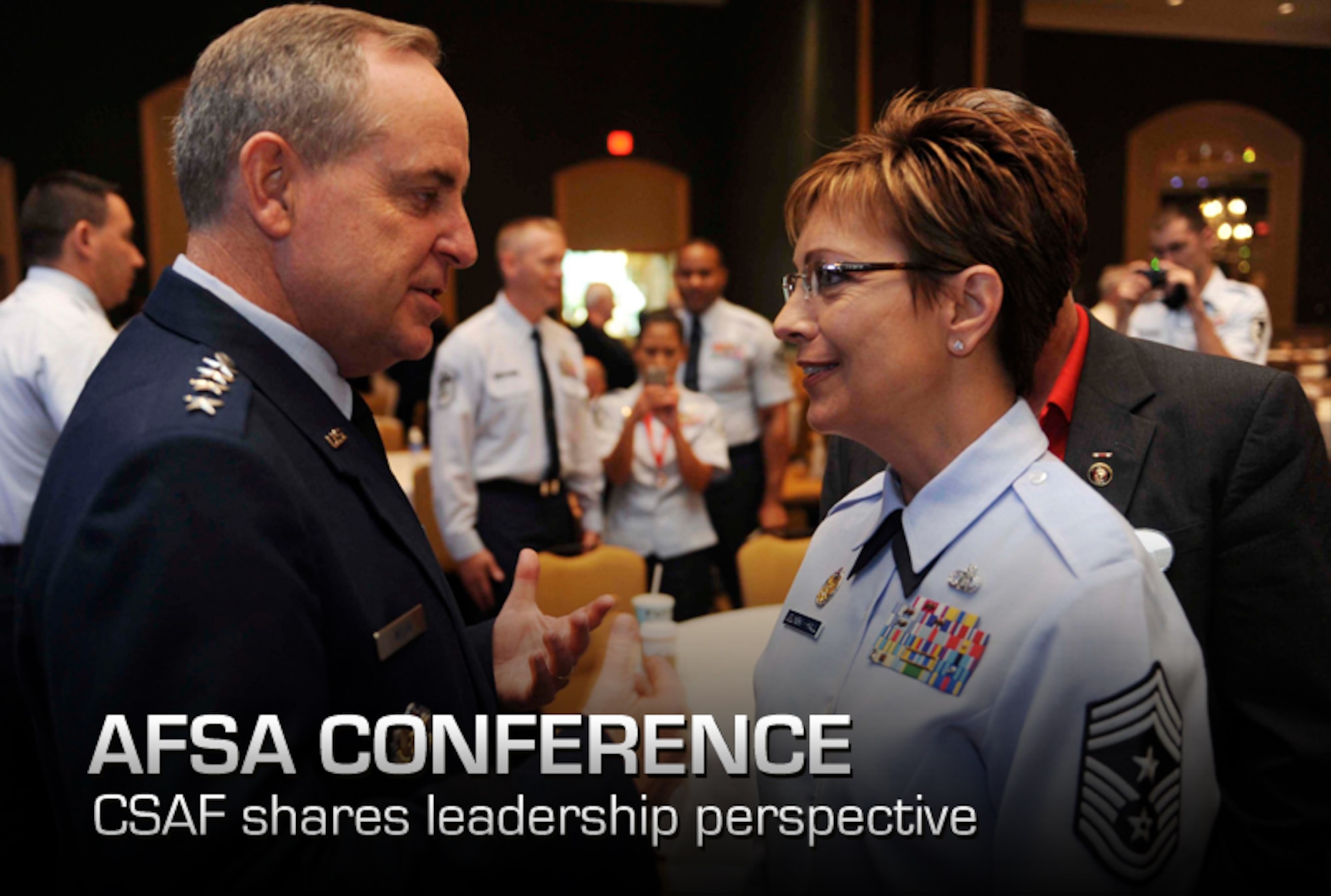 Air Force Chief of Staff Gen. Mark A. Welsh III talks with Chief Master Sgt. Denise Jelinski-Hall after speaking at a senior leaders' perspective during the Air Force Sergeants Association Professional Airmen's Conference in Jacksonville, Fla., Aug. 15, 2012. During his speech, Welsh emphasized the role leaders play in Airmen's lives, as well as the importance of leaders getting to know their Airmen. (U.S. Air Force photo/Staff Sgt. Ciara Wymbs)