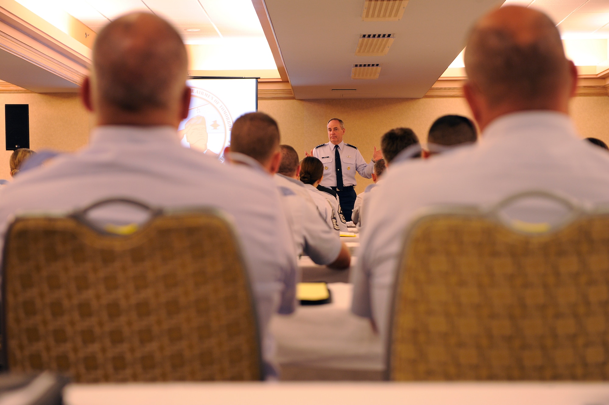 Air Force Chief of Staff Gen. Mark A. Welsh III speaks to Airmen during the Air Force First Sergeant Leadership Conference at Jacksonville, Fla., Aug. 15, 2012. The conference gathers active duty, Guard and Reserve first sergeants from across the service to discuss issues affecting the mission, Airmen and their families.  (U.S. Air Force photo/Master Sgt. Joanna Hensley)