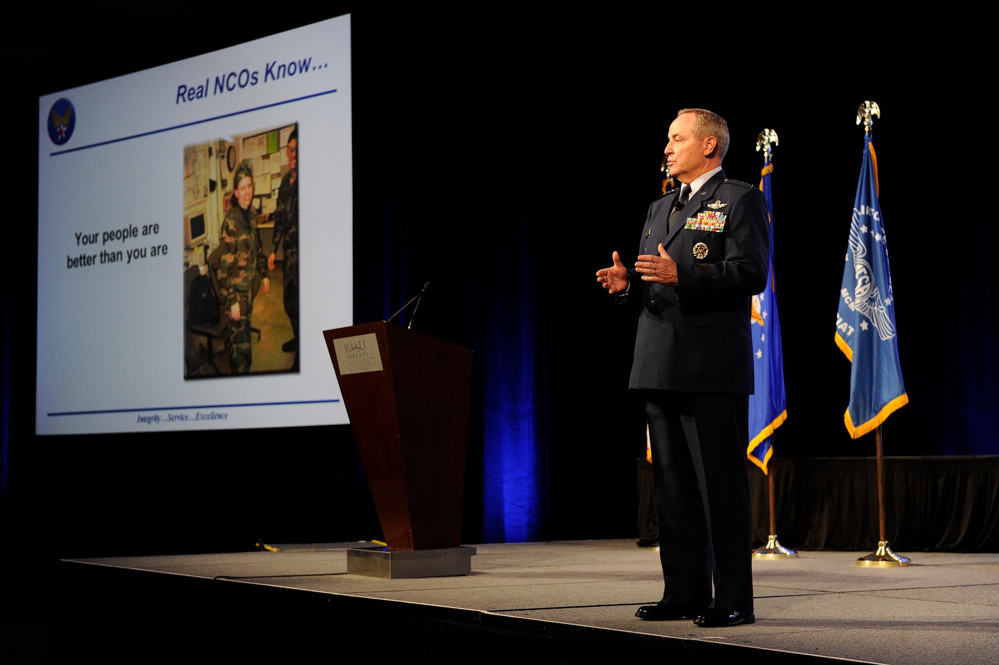 Air Force Chief of Staff Gen. Mark A. Welsh III shares his senior leadership perspective at the Air Force Sergeants Association Professional Airmen's Conference Aug. 15, 2012, in Jacksonville, Fla.  During his speech, Welsh emphasized the role leaders play in Airmen's lives, as well as the importance of leaders getting to know their Airmen.  (U.S. Air Force photo by Master Sgt. Joanna Hensley)