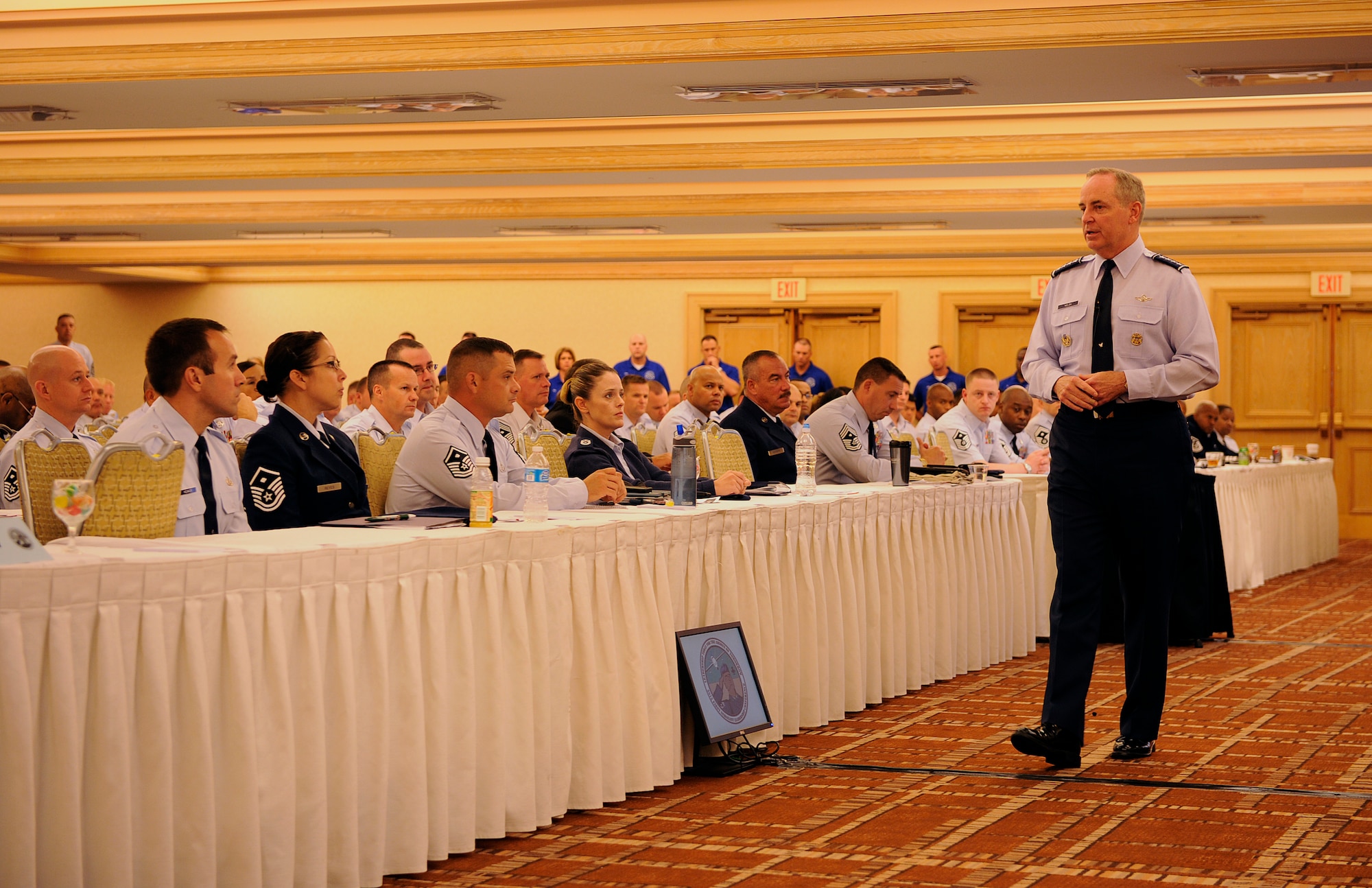 Air Force Chief of Staff Gen. Mark A. Welsh III speaks to Airmen during the Air Force First Sergeant Leadership Conference at Jacksonville, Fla., Aug. 15, 2012. The conference gathers active duty, Guard and Reserve first sergeants from across the service to discuss issues affecting the mission, Airmen and their families.  (U.S. Air Force photo/Master Sgt. Joanna Hensley)