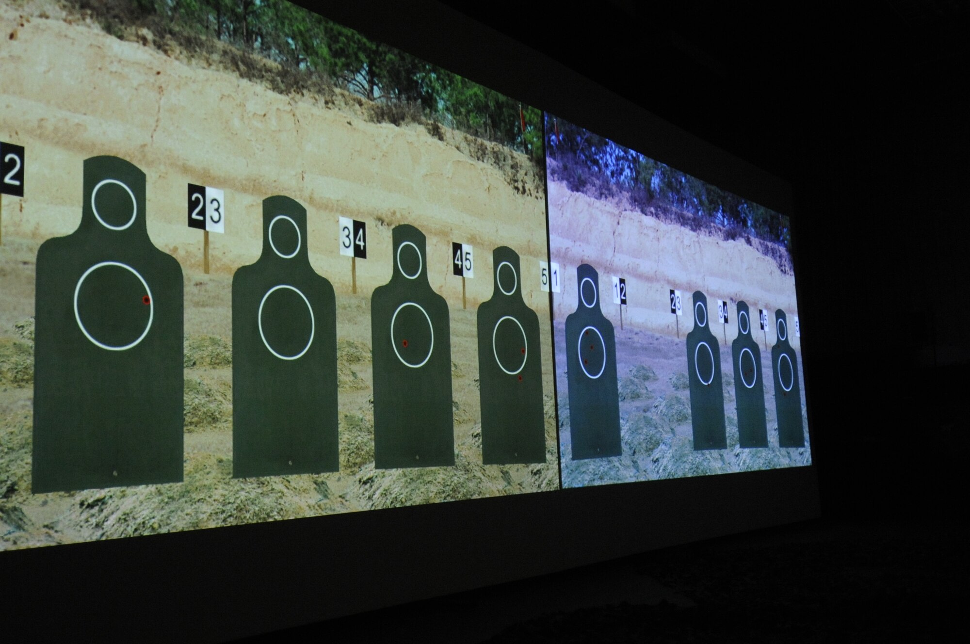 A digital target range at the firearms training simulator on Kunsan Air Base, Republic of Korea, Aug. 10, 2012, waits to be used. Members from the Gunsan City Police Department practiced their marksmanship skills using the FATS machine after a demonstration and tour from 8th Security Forces Squadron Airmen. (U.S. Air Force photo/Senior Airman Jessica Hines)