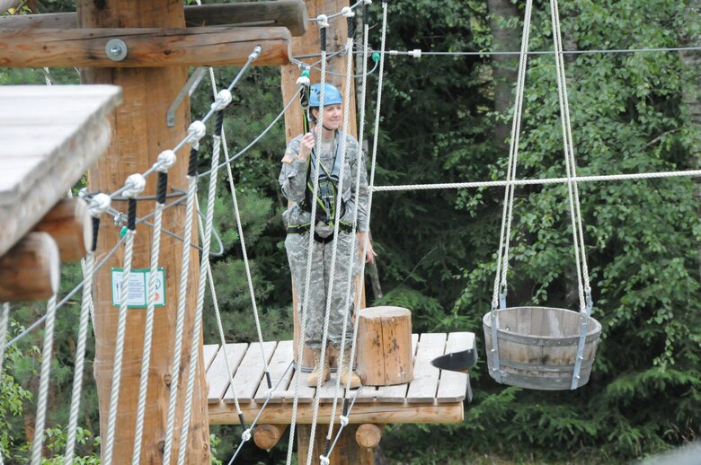 GRAFENWOEHR, Germany — Lt. Col. Michelle Garcia, U.S. Army Corps of Engineers Europe District deputy commander, was among the participants negotiating the high ropes course and celebrating the opening in Grafenwoehr, Germany, July 18, 2012.